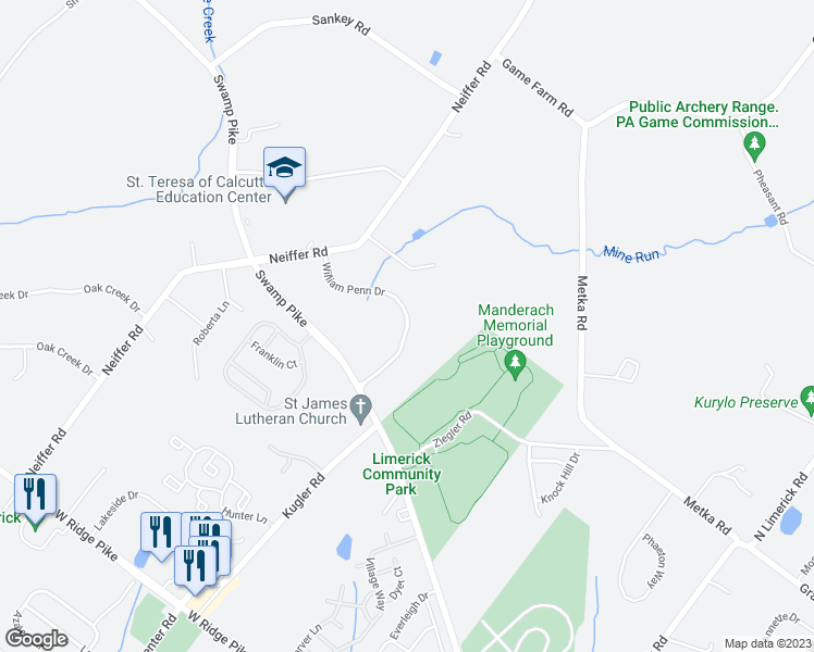 map of restaurants, bars, coffee shops, grocery stores, and more near 60 William Penn Drive in Schwenksville
