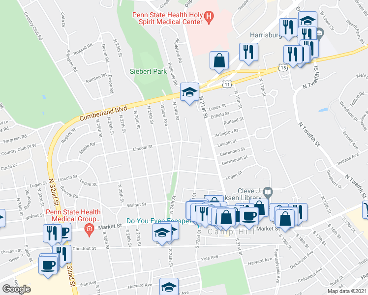 map of restaurants, bars, coffee shops, grocery stores, and more near 253 North 24th Street in Camp Hill