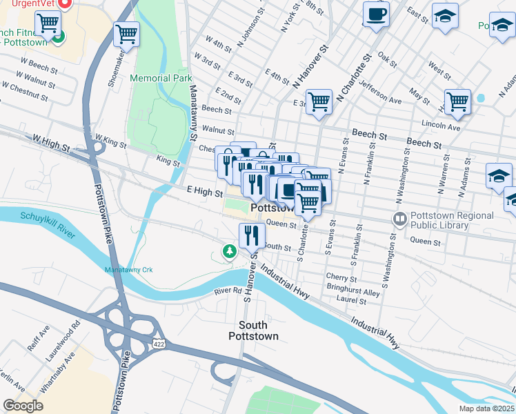 map of restaurants, bars, coffee shops, grocery stores, and more near 24 South Hanover Street in Pottstown