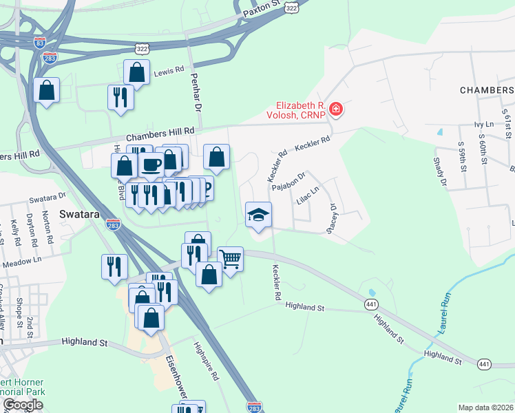 map of restaurants, bars, coffee shops, grocery stores, and more near 784 Oak Leaf Lane in Harrisburg