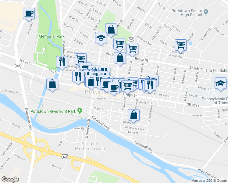 map of restaurants, bars, coffee shops, grocery stores, and more near 4 North Charlotte Street in Pottstown