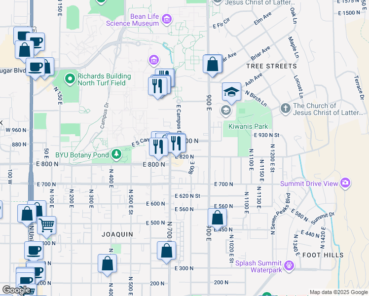 map of restaurants, bars, coffee shops, grocery stores, and more near 785 East 820 North in Provo