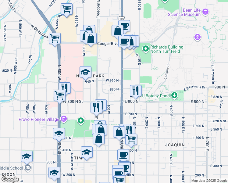 map of restaurants, bars, coffee shops, grocery stores, and more near 830 100 West in Provo