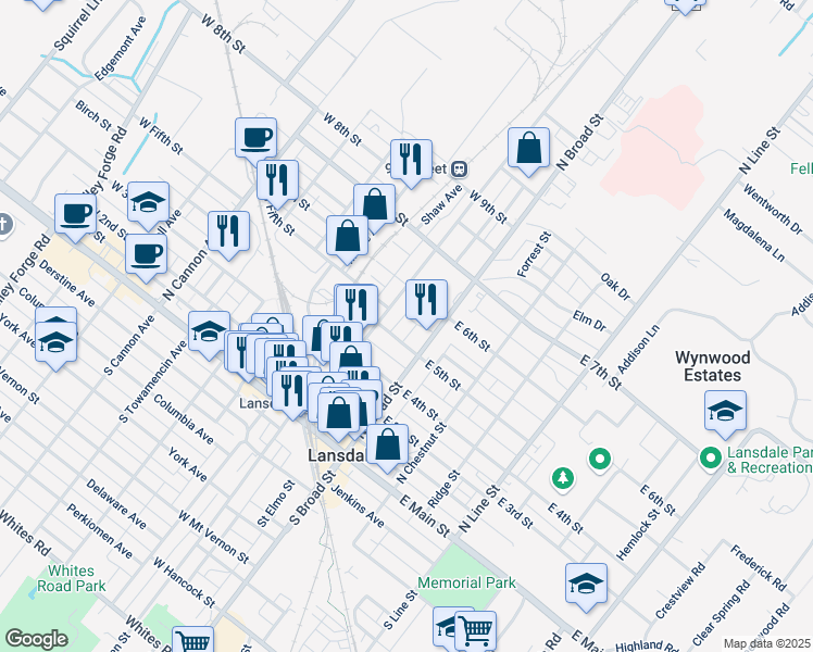 map of restaurants, bars, coffee shops, grocery stores, and more near 30 West 5th Street in Lansdale
