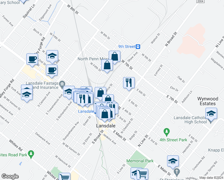 map of restaurants, bars, coffee shops, grocery stores, and more near 410 Walnut Street in Lansdale