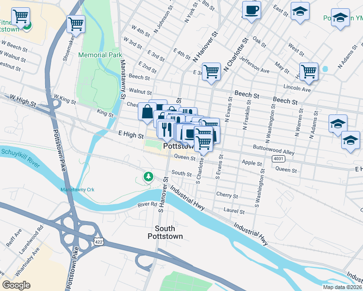 map of restaurants, bars, coffee shops, grocery stores, and more near  in Pottstown