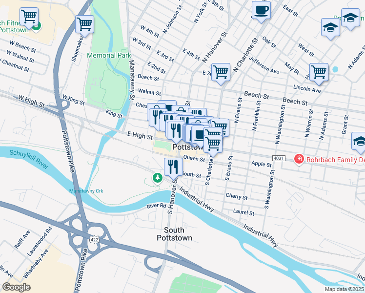 map of restaurants, bars, coffee shops, grocery stores, and more near 24 South Hanover Street in Pottstown