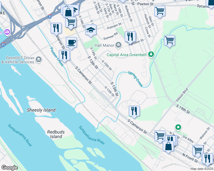 map of restaurants, bars, coffee shops, grocery stores, and more near 1517 South 12th Street in Harrisburg