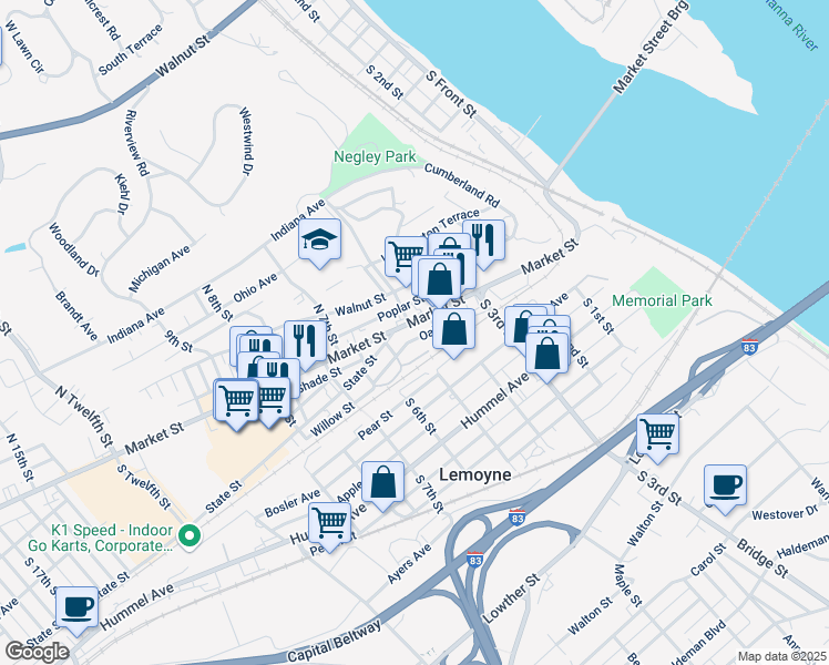map of restaurants, bars, coffee shops, grocery stores, and more near 418 Oak Street in Lemoyne