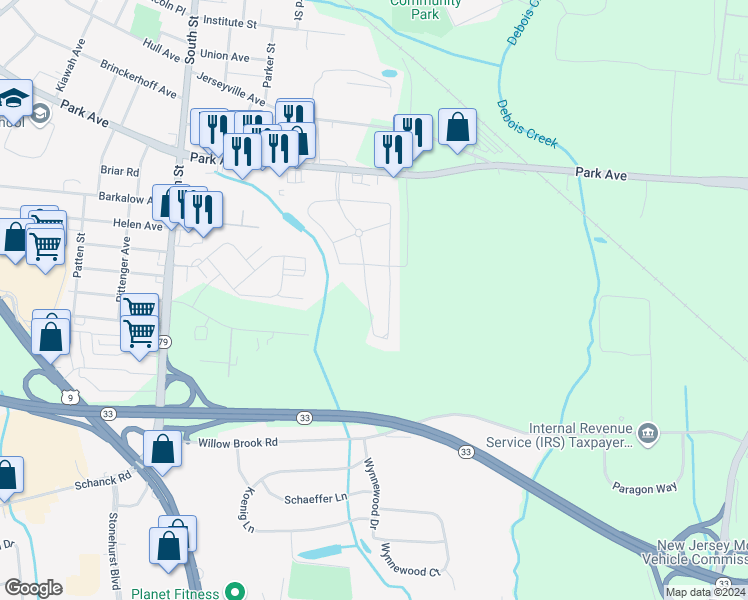 map of restaurants, bars, coffee shops, grocery stores, and more near 16 Stuart Drive in Freehold