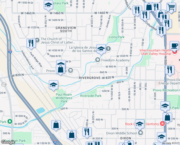 map of restaurants, bars, coffee shops, grocery stores, and more near 1248 860 North in Provo