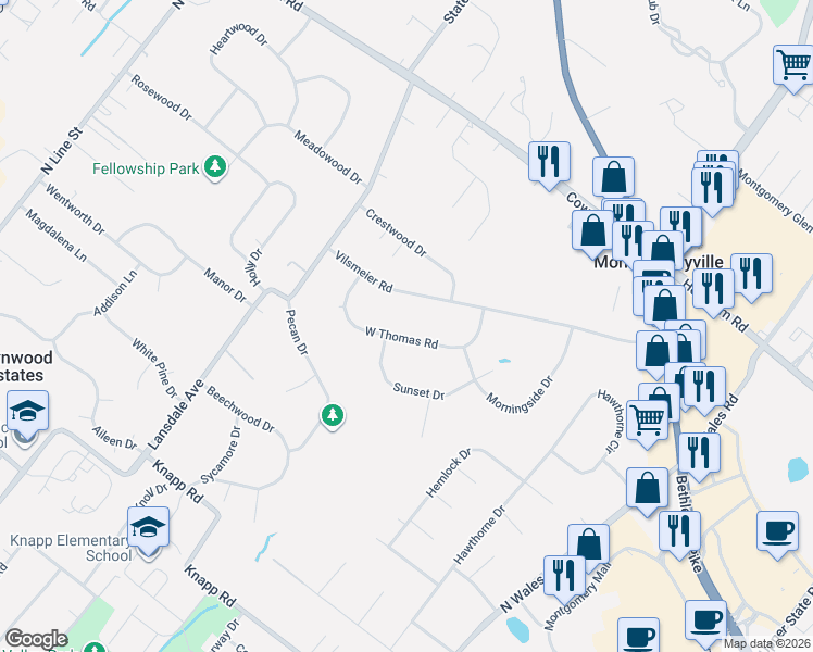 map of restaurants, bars, coffee shops, grocery stores, and more near 1123 West Thomas Road in Lansdale