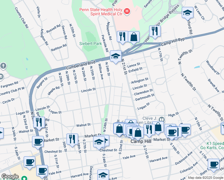 map of restaurants, bars, coffee shops, grocery stores, and more near 253 North 24th Street in Camp Hill