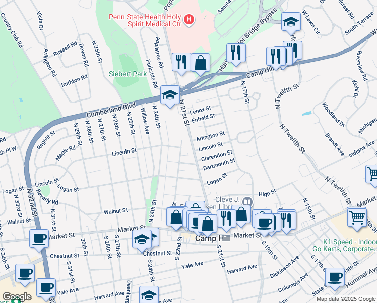 map of restaurants, bars, coffee shops, grocery stores, and more near 429 North 21st Street in Camp Hill