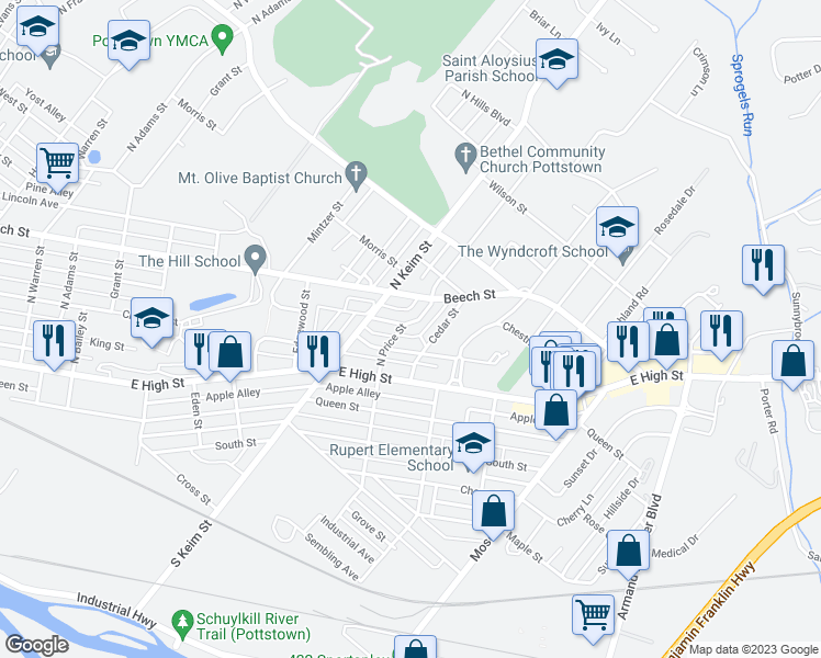 map of restaurants, bars, coffee shops, grocery stores, and more near 1106 Belleview Avenue in Pottstown