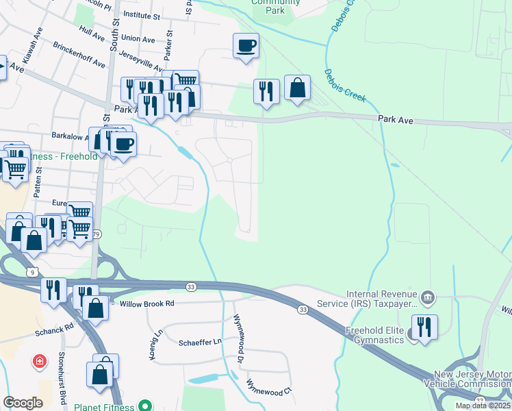 map of restaurants, bars, coffee shops, grocery stores, and more near 11 Stuart Drive in Freehold