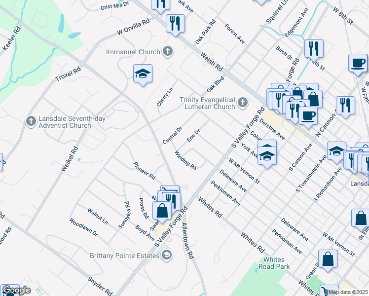 map of restaurants, bars, coffee shops, grocery stores, and more near 340 Erie Drive in Lansdale
