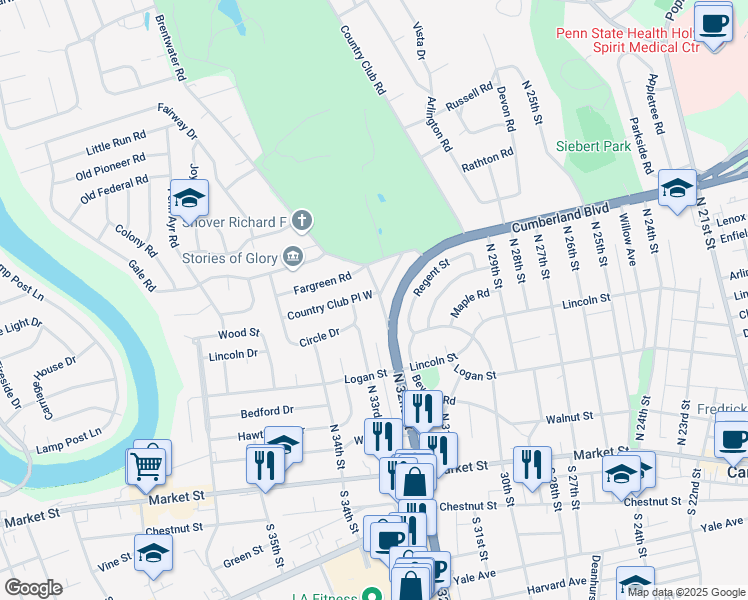map of restaurants, bars, coffee shops, grocery stores, and more near 1 Country Club Place West in Camp Hill