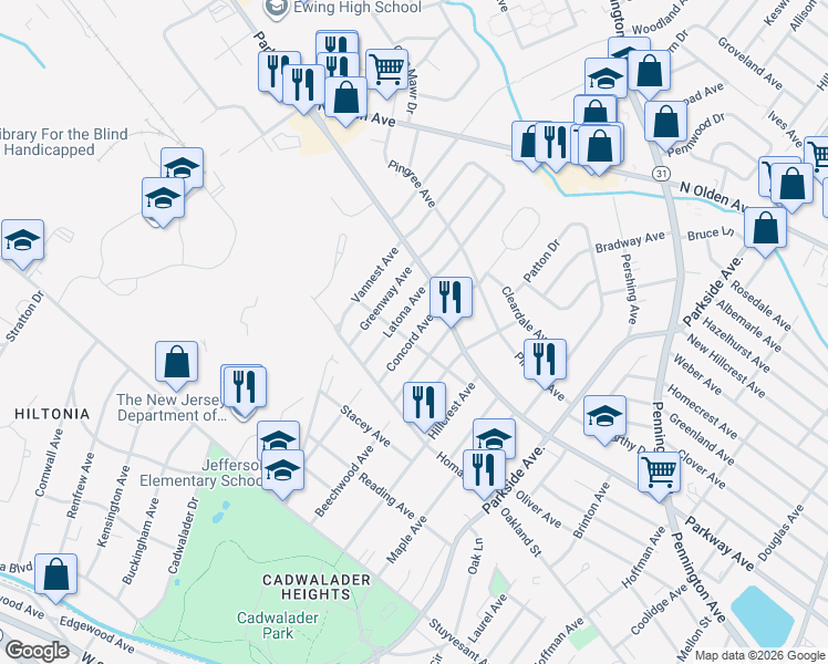map of restaurants, bars, coffee shops, grocery stores, and more near 342 Concord Avenue in Ewing Township