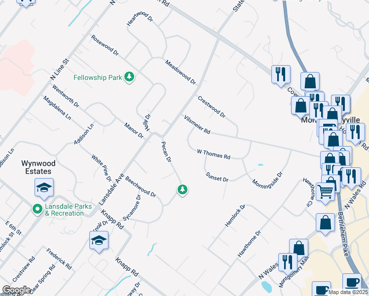 map of restaurants, bars, coffee shops, grocery stores, and more near 1106 West Thomas Road in Lansdale