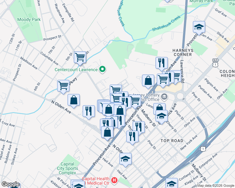 map of restaurants, bars, coffee shops, grocery stores, and more near 970 Spruce Street in Lawrence Township