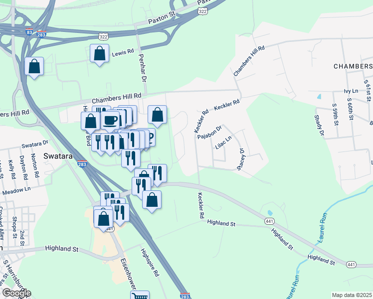 map of restaurants, bars, coffee shops, grocery stores, and more near 782 Oak Leaf Lane in Harrisburg