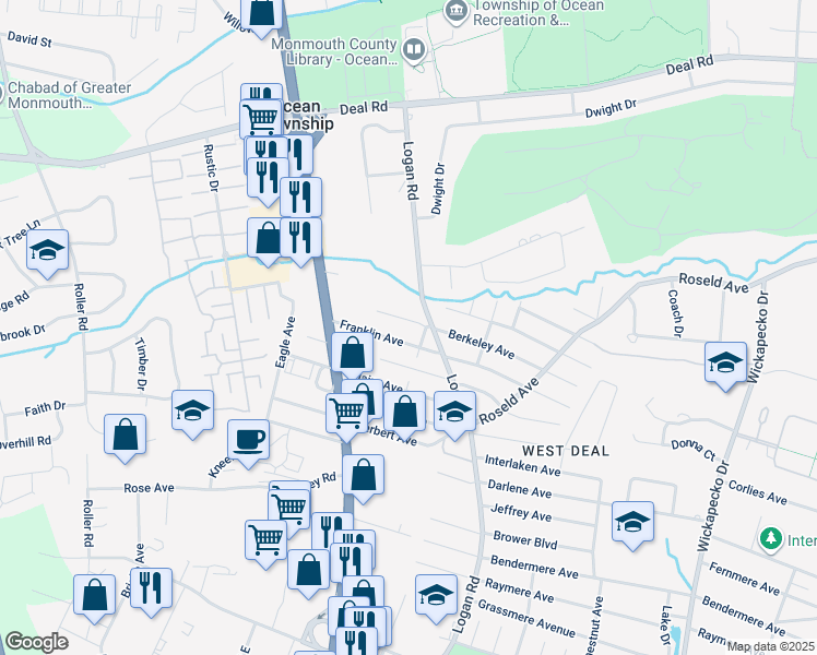 map of restaurants, bars, coffee shops, grocery stores, and more near in Ocean Township