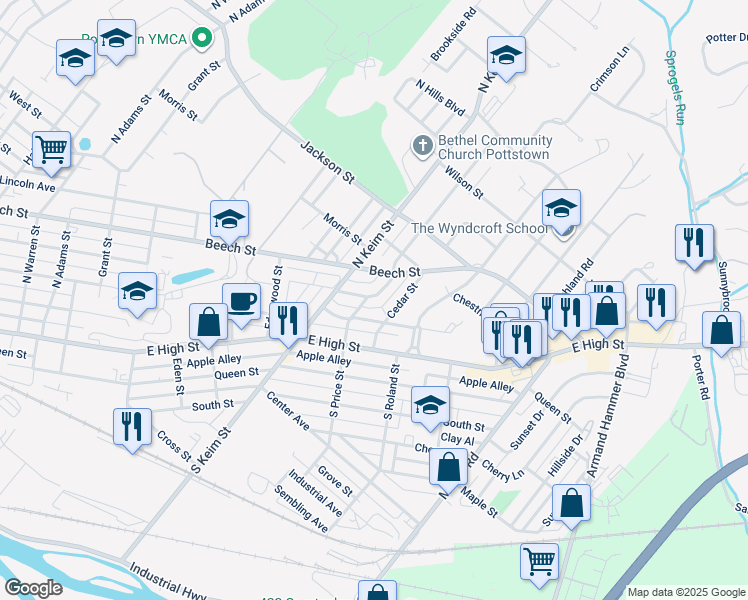 map of restaurants, bars, coffee shops, grocery stores, and more near 1106 Belleview Avenue in Pottstown