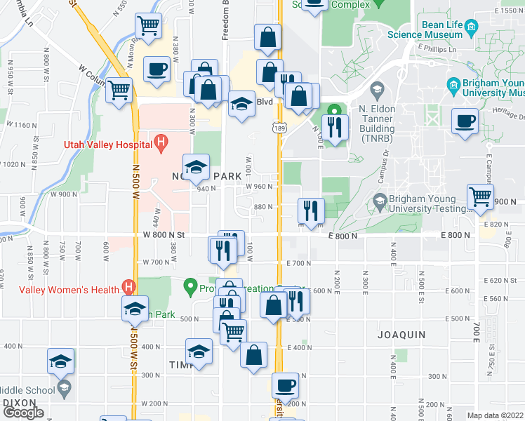 map of restaurants, bars, coffee shops, grocery stores, and more near 51 W 880 N in Provo