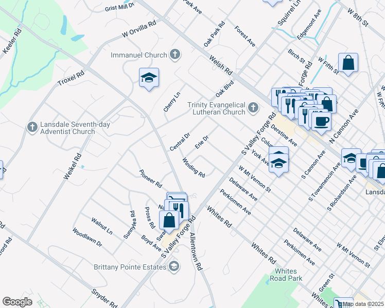 map of restaurants, bars, coffee shops, grocery stores, and more near 340 Erie Drive in Lansdale