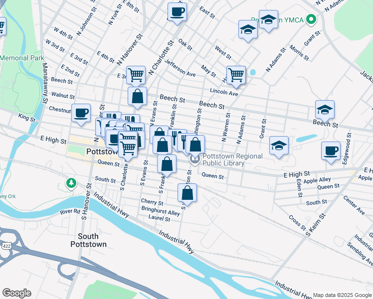 map of restaurants, bars, coffee shops, grocery stores, and more near 442 King St in Pottstown