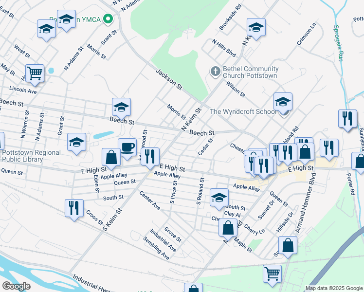 map of restaurants, bars, coffee shops, grocery stores, and more near 1022 Belleview Avenue in Pottstown