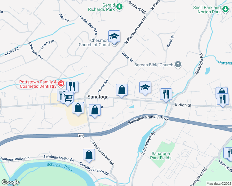 map of restaurants, bars, coffee shops, grocery stores, and more near 2376 East High Street in Pottstown