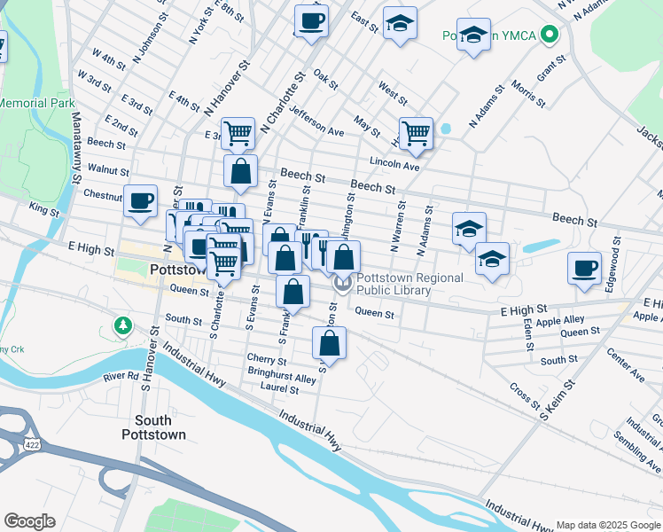 map of restaurants, bars, coffee shops, grocery stores, and more near 501 East High Street in Pottstown