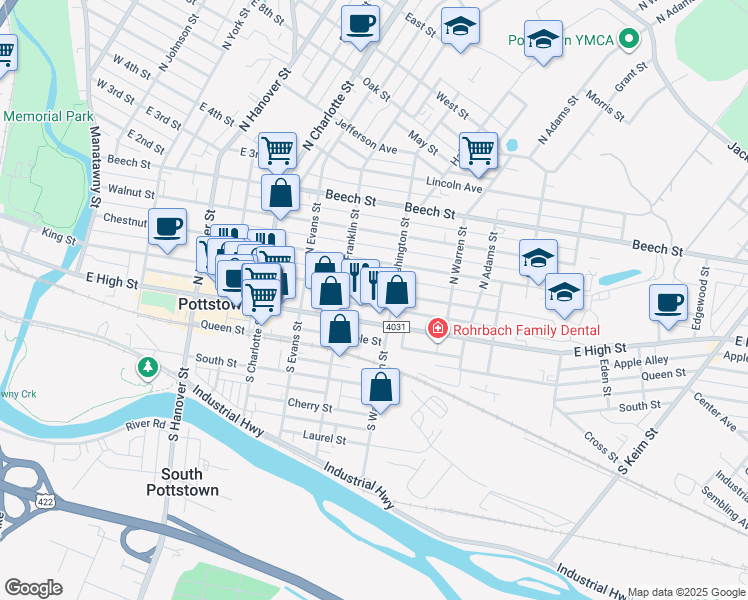 map of restaurants, bars, coffee shops, grocery stores, and more near 423 East High Street in Pottstown