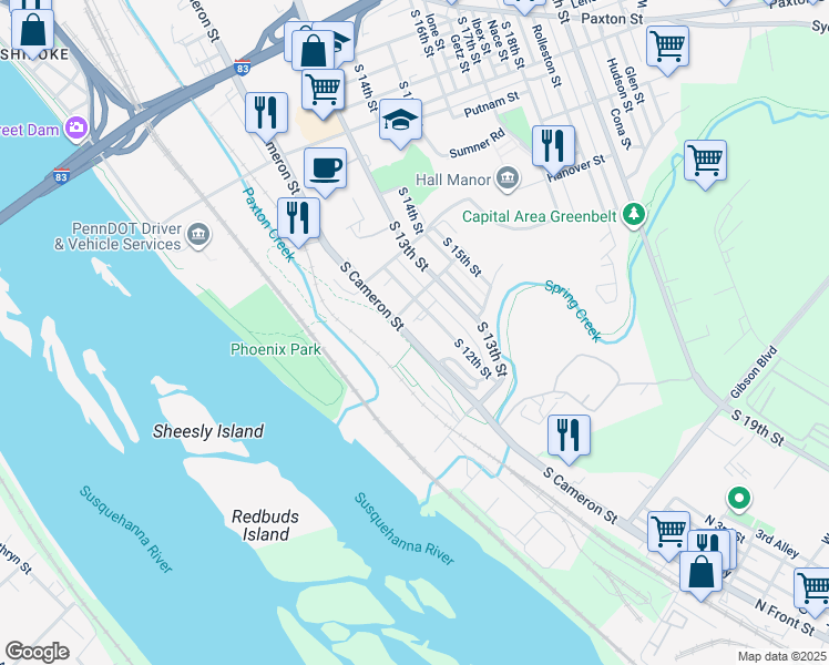 map of restaurants, bars, coffee shops, grocery stores, and more near 1457 Pennsylvania 230 in Harrisburg