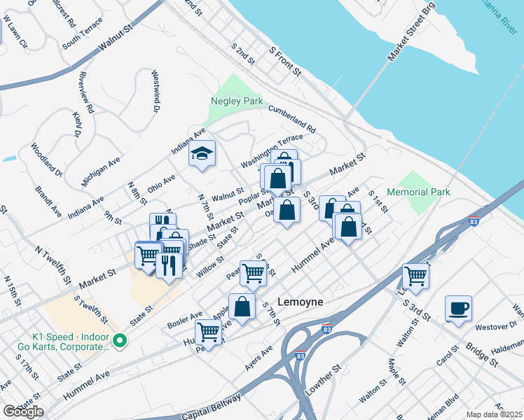 map of restaurants, bars, coffee shops, grocery stores, and more near 418 Oak Street in Lemoyne