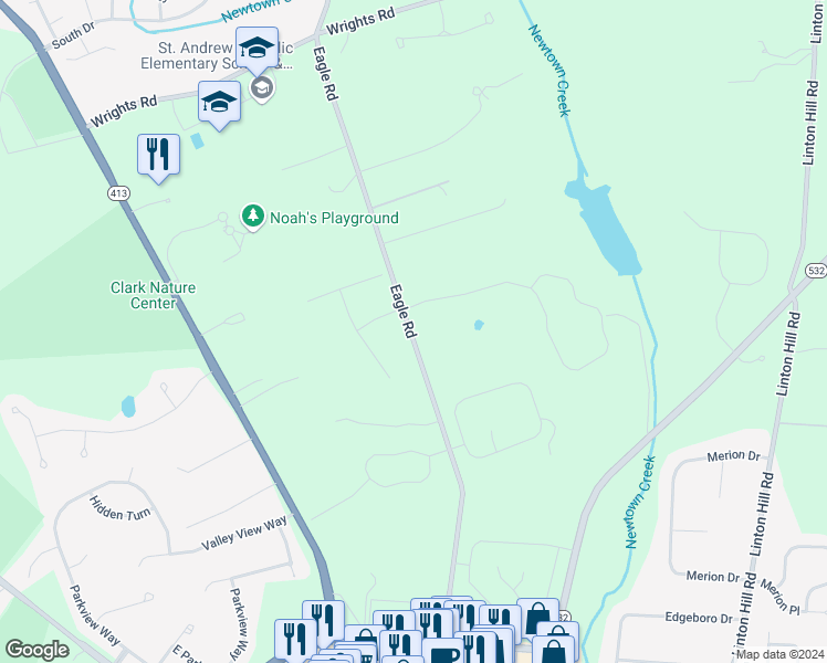 map of restaurants, bars, coffee shops, grocery stores, and more near 149 Eagle Road in Newtown