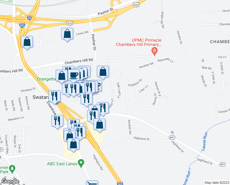 map of restaurants, bars, coffee shops, grocery stores, and more near 778 Winding Lane in Harrisburg