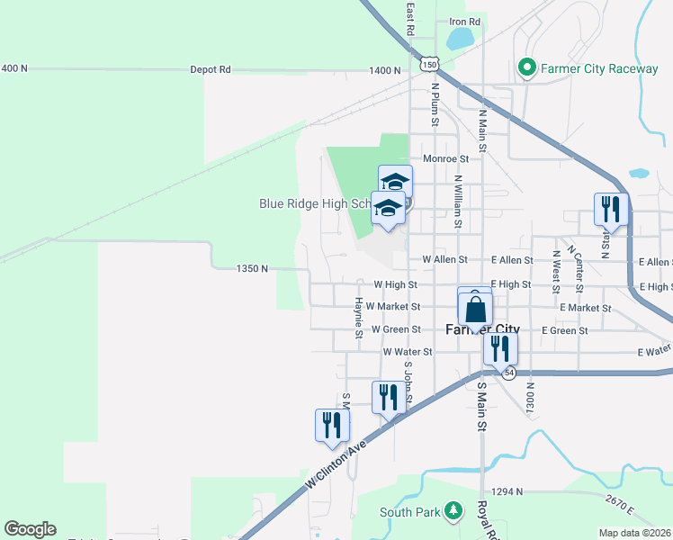 map of restaurants, bars, coffee shops, grocery stores, and more near 703 West High Street in Farmer City