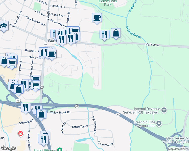 map of restaurants, bars, coffee shops, grocery stores, and more near 16 Stuart Drive in Freehold