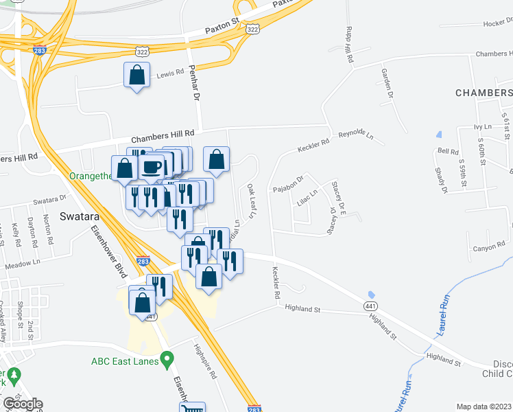 map of restaurants, bars, coffee shops, grocery stores, and more near 768 Oak Leaf Lane in Harrisburg