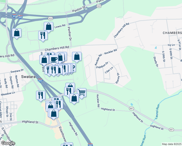 map of restaurants, bars, coffee shops, grocery stores, and more near 774 Oak Leaf Lane in Harrisburg