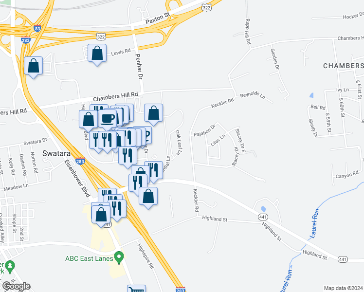 map of restaurants, bars, coffee shops, grocery stores, and more near 772 Oak Leaf Lane in Harrisburg