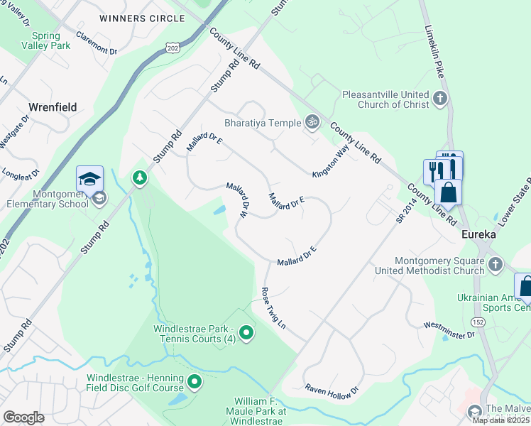 map of restaurants, bars, coffee shops, grocery stores, and more near 105 Darter Lane in North Wales