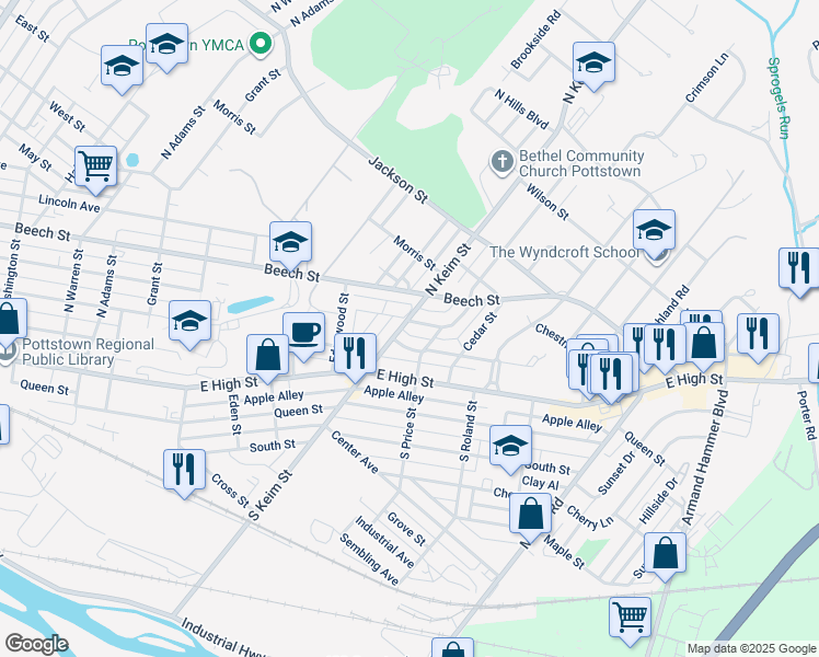map of restaurants, bars, coffee shops, grocery stores, and more near 1004 Belleview Avenue in Pottstown