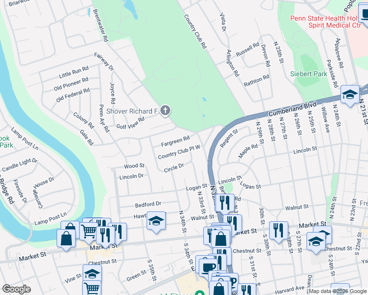 map of restaurants, bars, coffee shops, grocery stores, and more near 15 Country Club Place West in Camp Hill