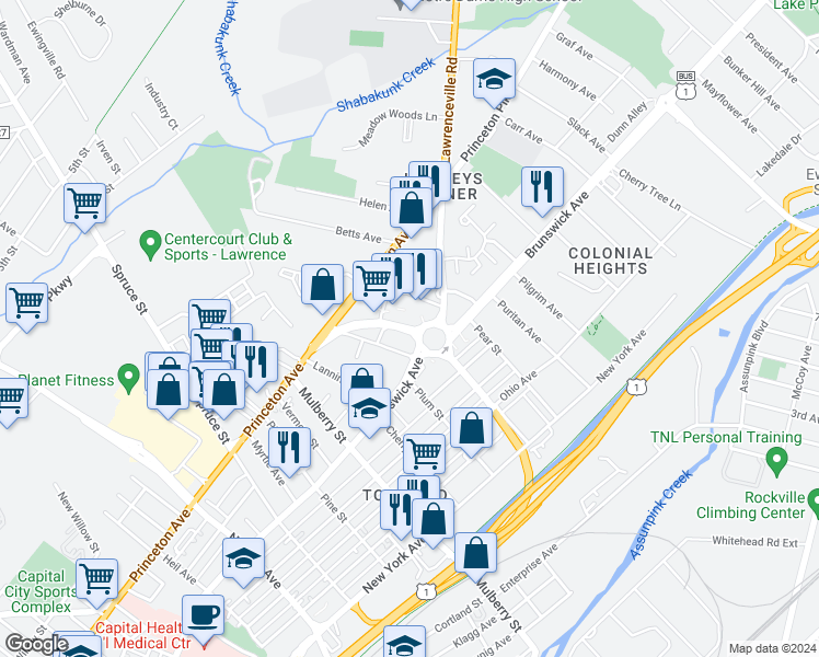 map of restaurants, bars, coffee shops, grocery stores, and more near 4 Brunswick Circle in Lawrence Township