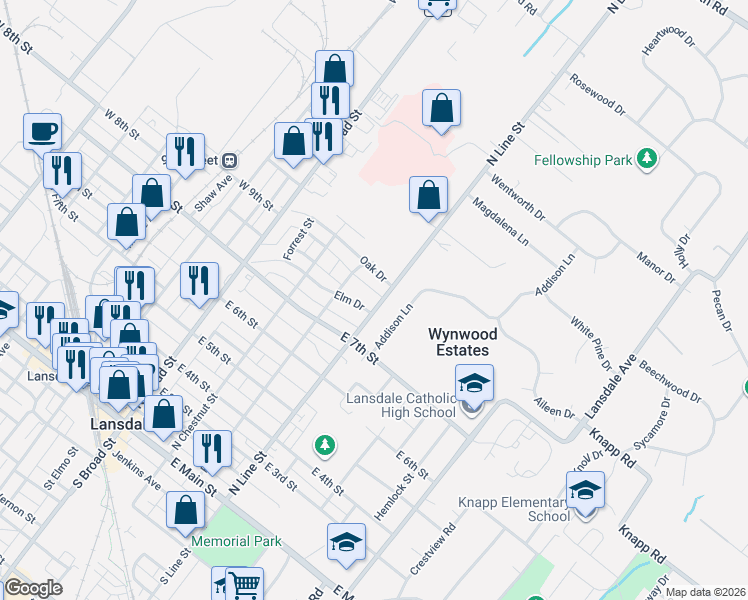 map of restaurants, bars, coffee shops, grocery stores, and more near 705 North Line Street in Lansdale