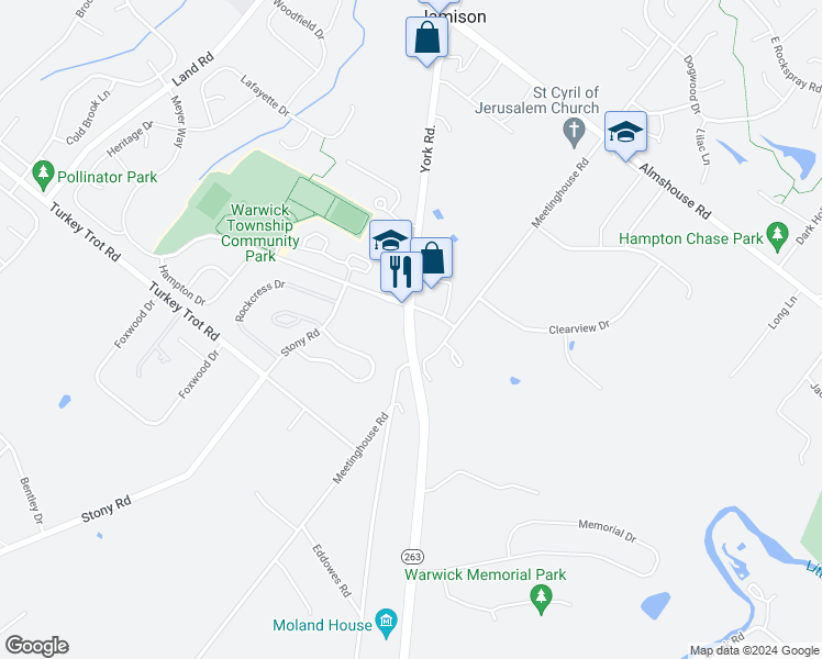 map of restaurants, bars, coffee shops, grocery stores, and more near 2059 York Road in Warminster